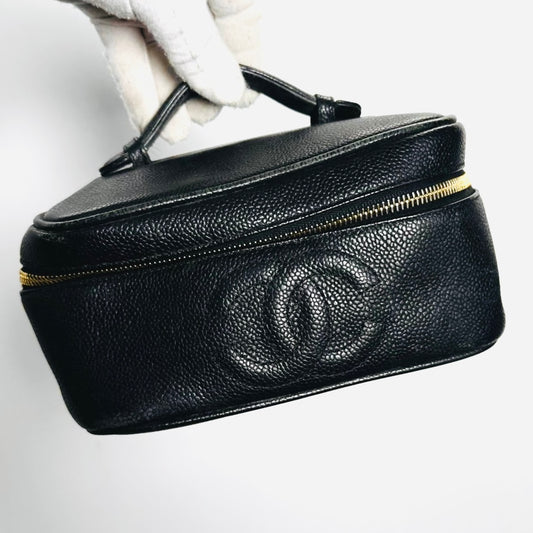 Chanel Black GHW Giant CC Logo Caviar Wide Horizontal Vanity Case Vintage Top Handle Bag