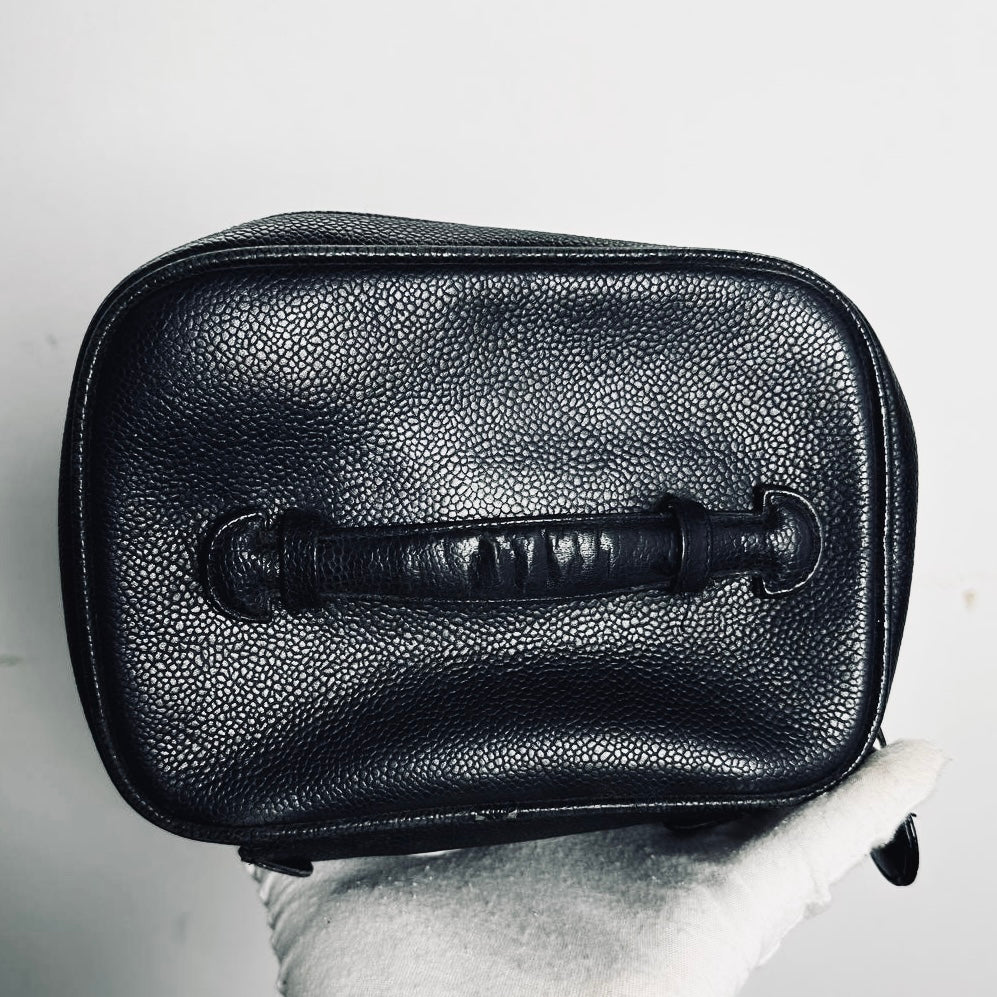 Chanel Black GHW Giant CC Logo Caviar Wide Horizontal Vanity Case Vintage Top Handle Bag