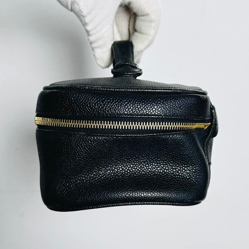 Chanel Black GHW Giant CC Logo Caviar Wide Horizontal Vanity Case Vintage Top Handle Bag