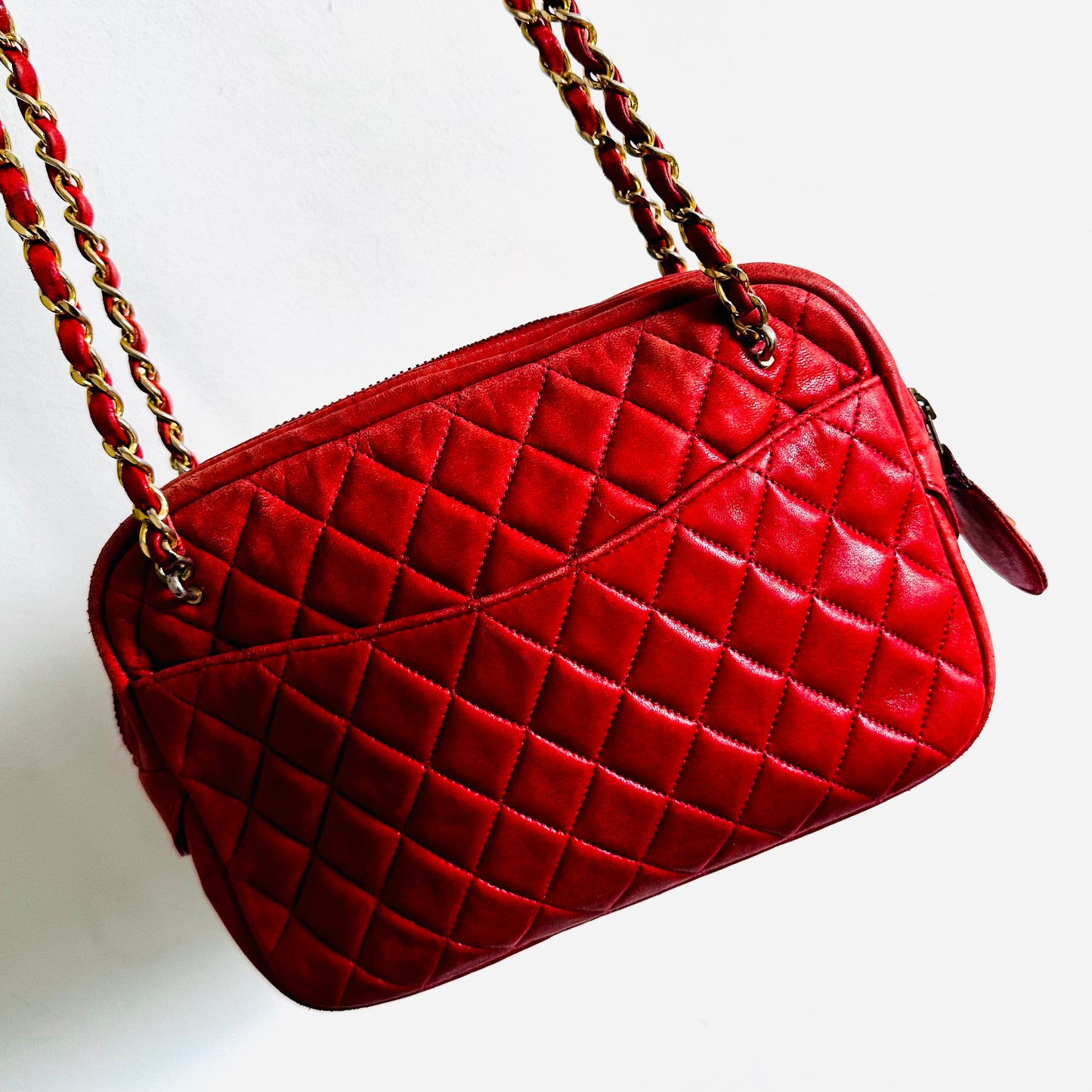 Chanel Cherry Red GHW Giant CC Logo Charm Quilted Lambskin Vintage Shoulder Sling Bag