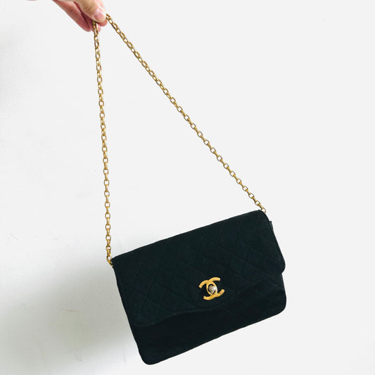 Chanel Black GHW Single Flap SF Quilted Jersey Turnlock CC Monogram Logo Bijoux Mademoiselle Chain Vintage Shoulder Sling Bag Pre Series