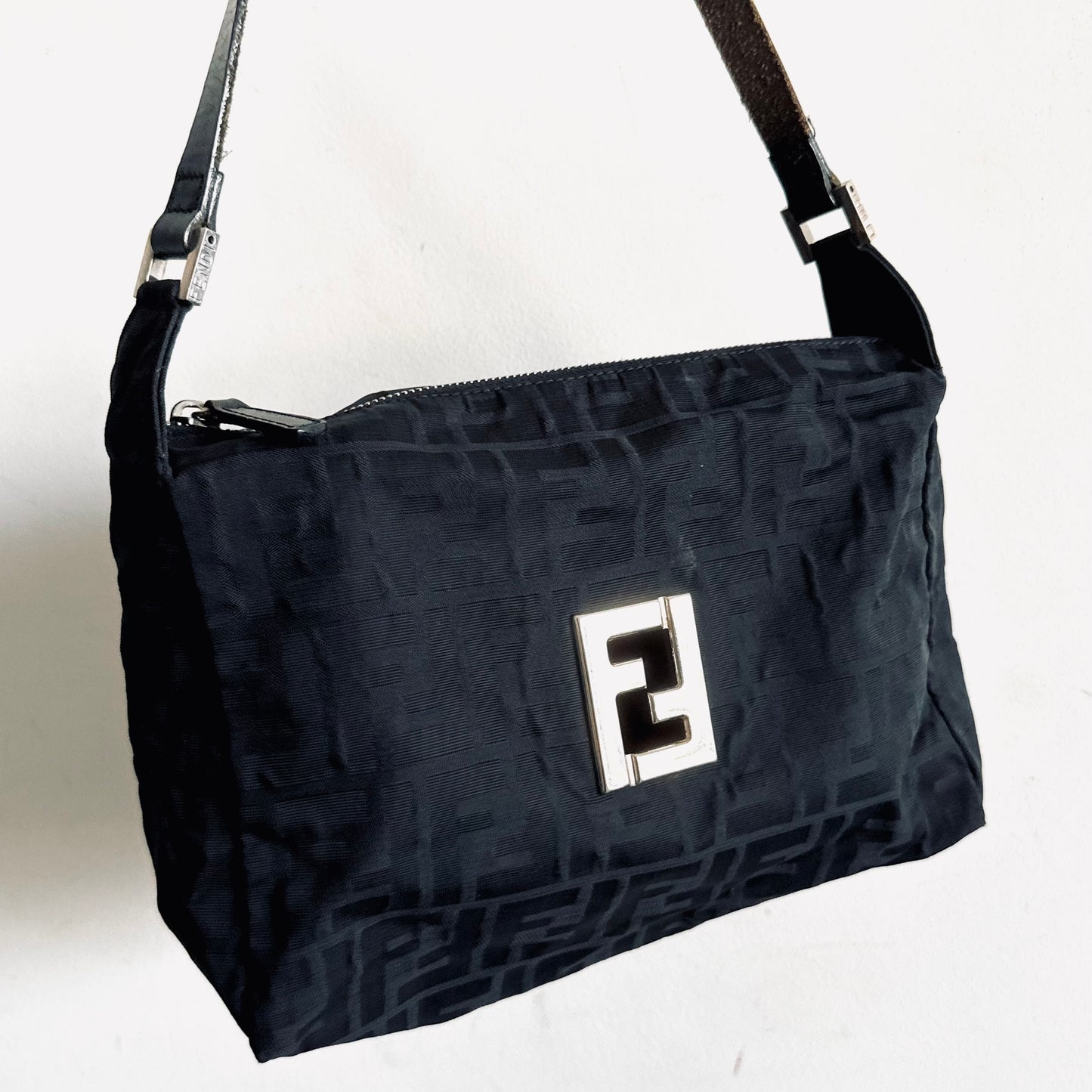 Fendi Black Giant FF Zucca Monogram Logo Zip Baguette Hobo Mamma Pochette Shoulder Bag