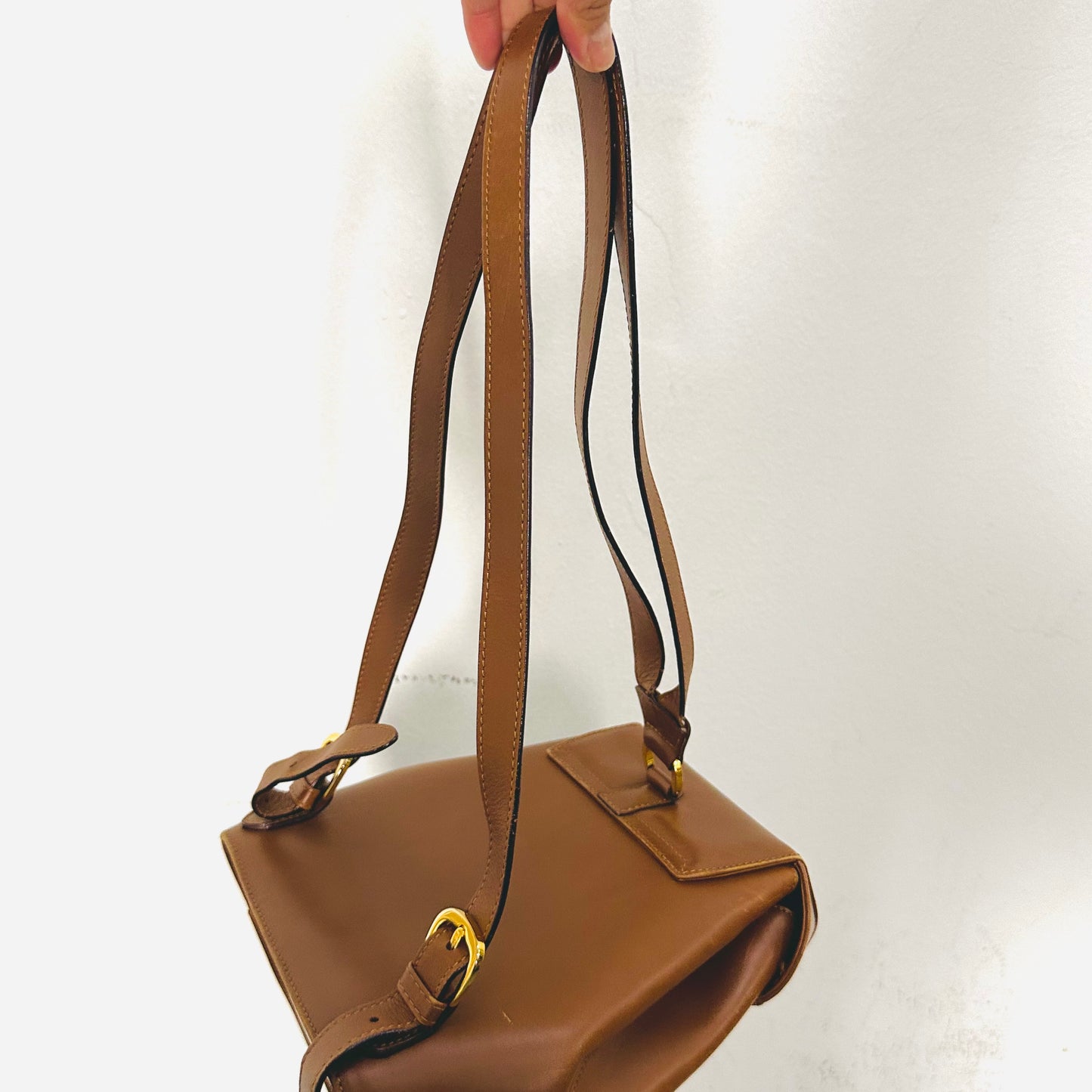 Salvatore Ferragamo Kelly Caramel Brown GHW Monogram Logo Smooth Leather Backpack Flap Bag