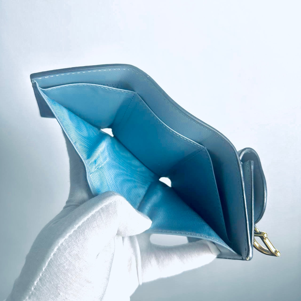Christian Dior CD Cloud Grey Blue GHW Saddle Lotus Oblique Monogram Logo Flap Compact Trifold Wallet
