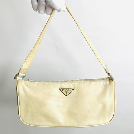 Prada Cream Ivory Tessuto Monogram Logo Nylon Hobo Baguette Pochette Shoulder Bag