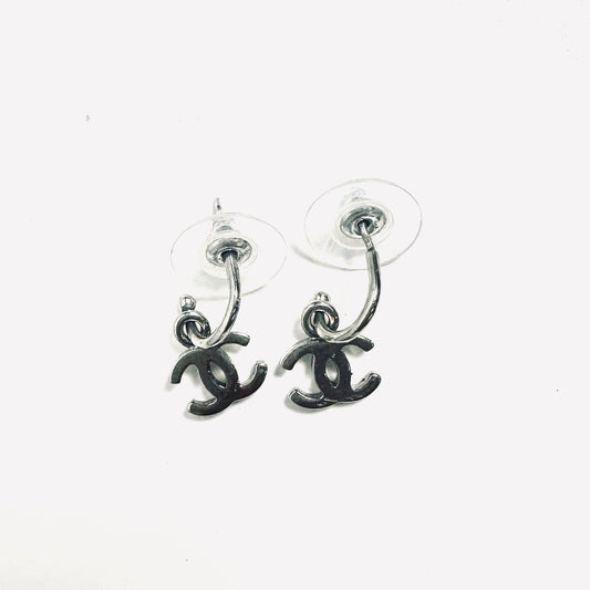 Chanel Classic CC Logo Silver Dangling Stud Vintage Earrings