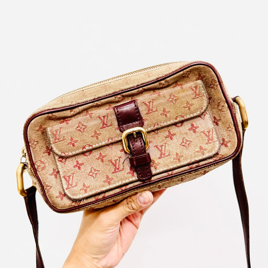 Louis Vuitton LV Juliette Pink Monogram Logo GHW Mini Lin Flap Camera Shoulder Sling Bag