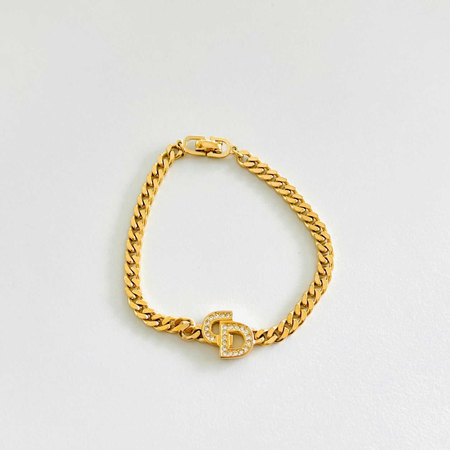 Christian Dior CD Giant Monogram Logo Gold & Crystals Chunky Bracelet