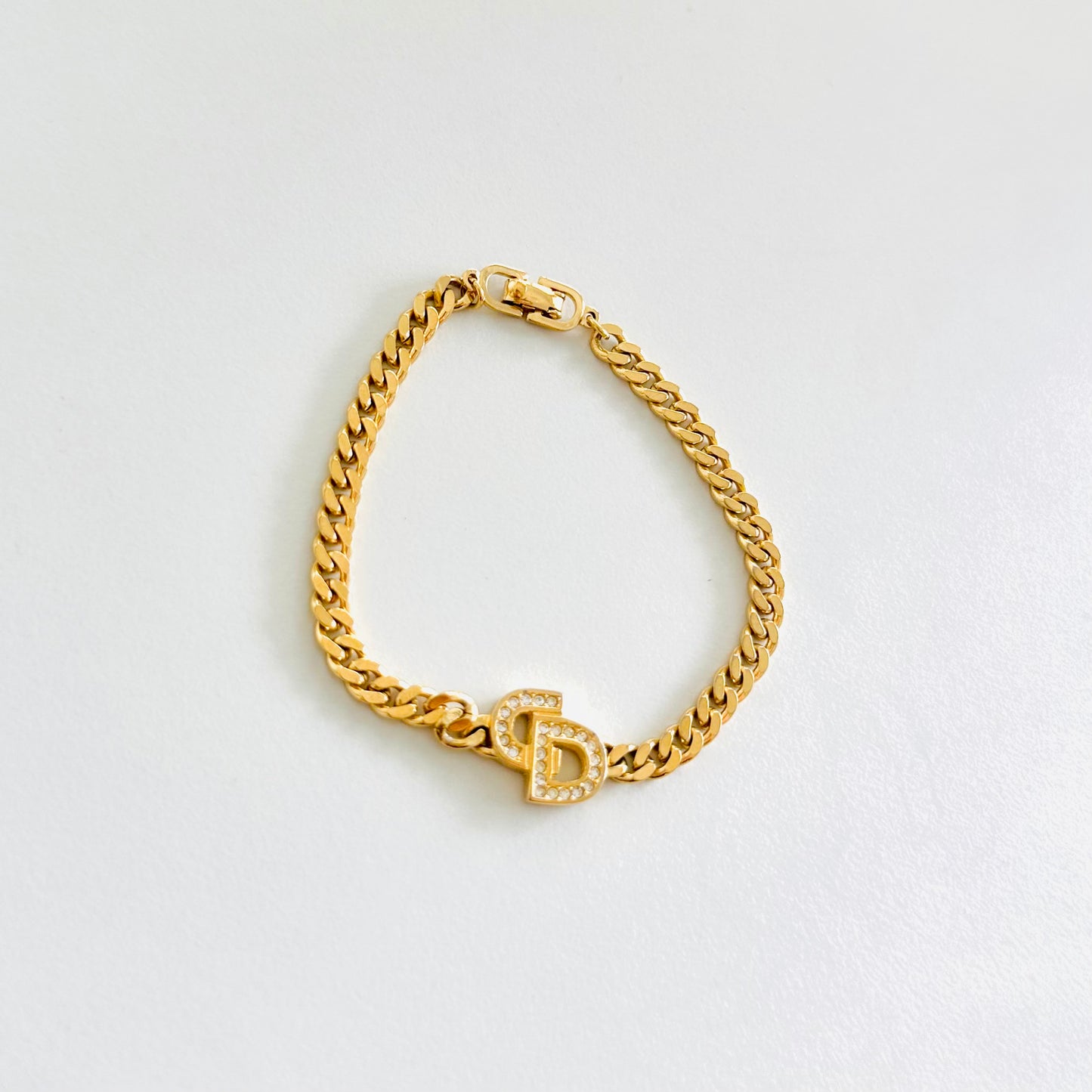 Christian Dior CD Giant Monogram Logo Gold & Crystals Chunky Bracelet