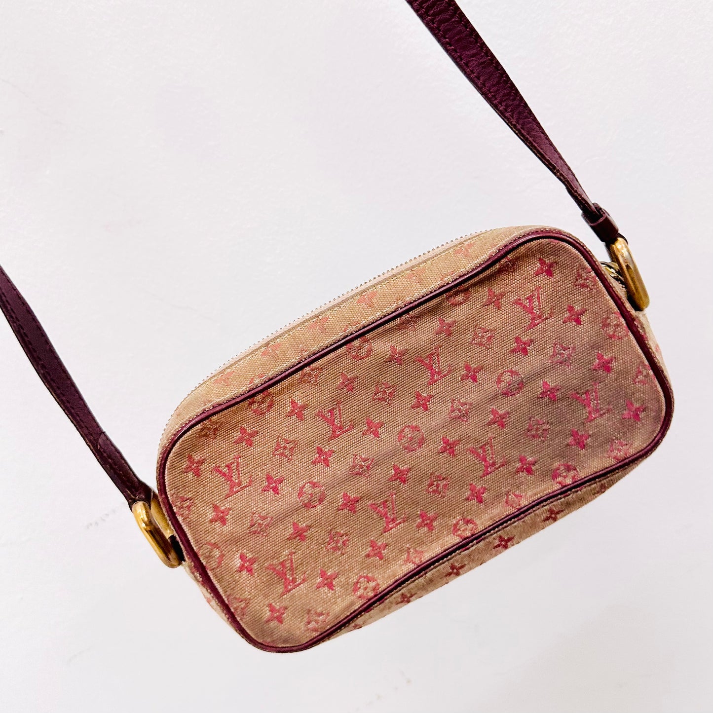 Louis Vuitton LV Juliette Pink Monogram Logo GHW Mini Lin Flap Camera Shoulder Sling Bag