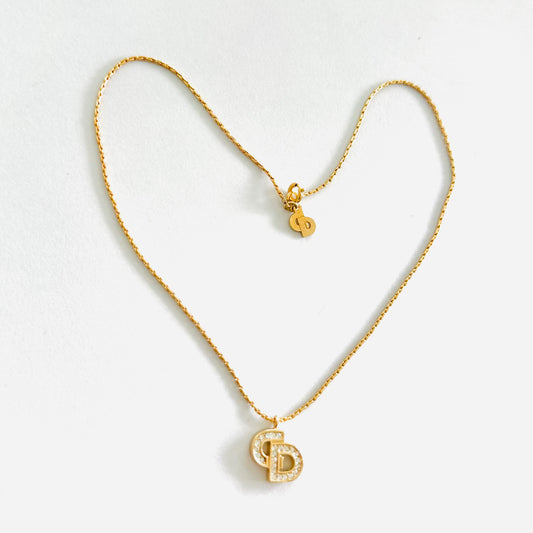 Christian Dior CD Giant Monogram Logo Gold & Crystals Necklace