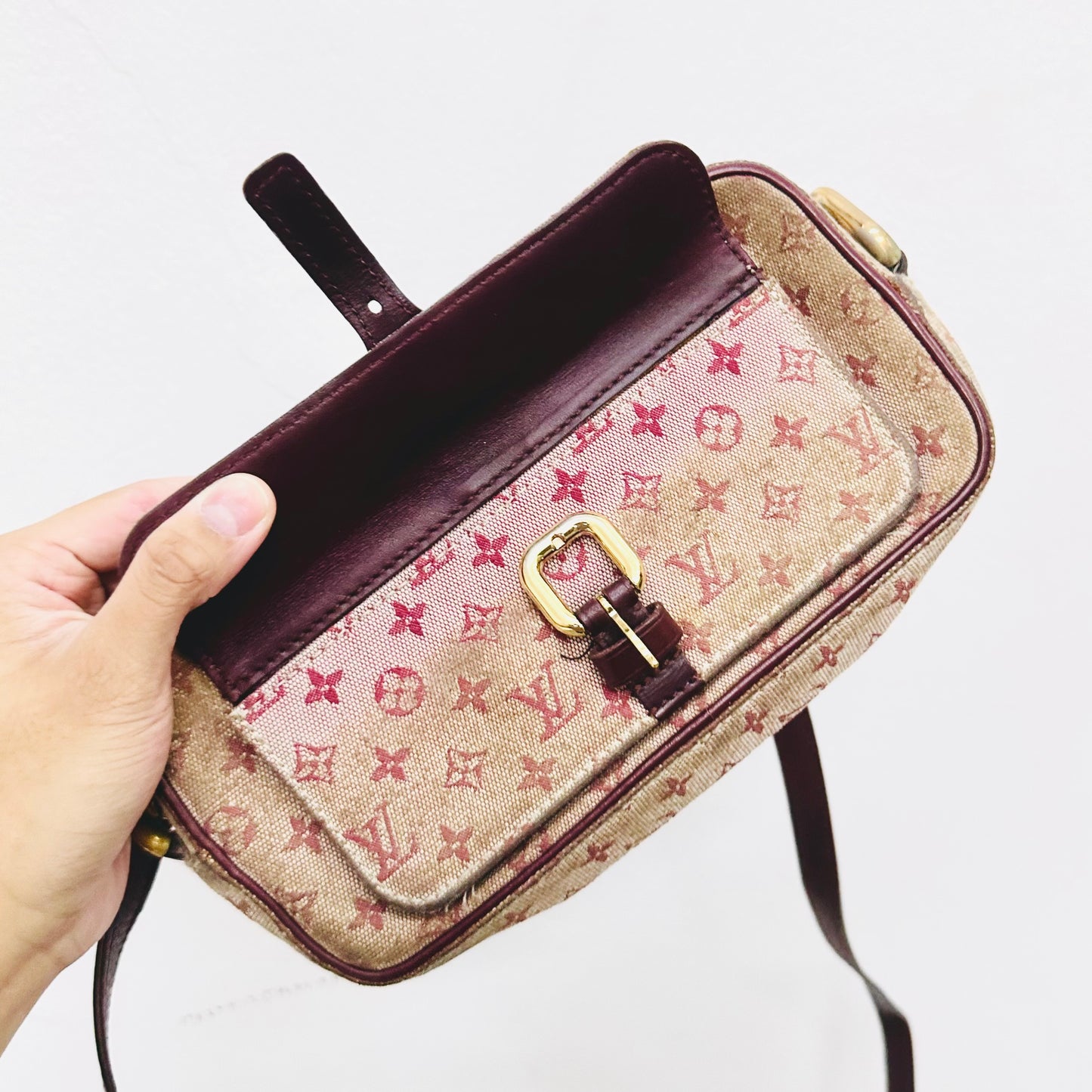 Louis Vuitton LV Juliette Pink Monogram Logo GHW Mini Lin Flap Camera Shoulder Sling Bag