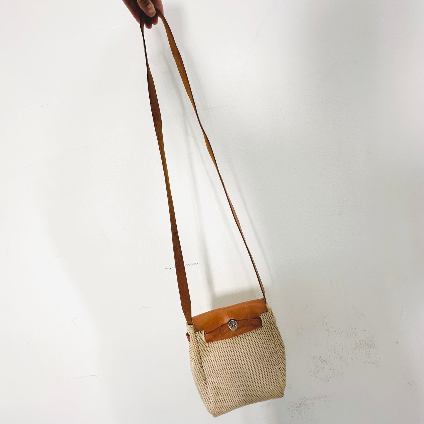 Hermes Beige / Tan Herbag TPM Toile / Leather Mini Flap Shoulder Sling Bag