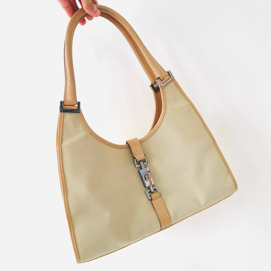 Gucci Beige Jackie Monogram Logo Flap Vintage Hobo Shoulder Bag