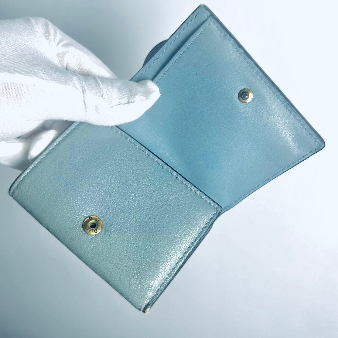 Christian Dior CD Cloud Grey Blue GHW Saddle Lotus Oblique Monogram Logo Flap Compact Trifold Wallet
