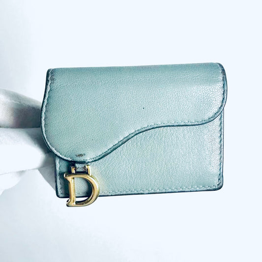 Christian Dior CD Cloud Grey Blue GHW Saddle Lotus Oblique Monogram Logo Flap Compact Trifold Wallet