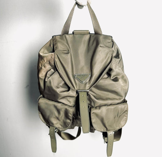 Prada Khaki Classic Logo Nylon & Leather Backpack Drawstring Bag