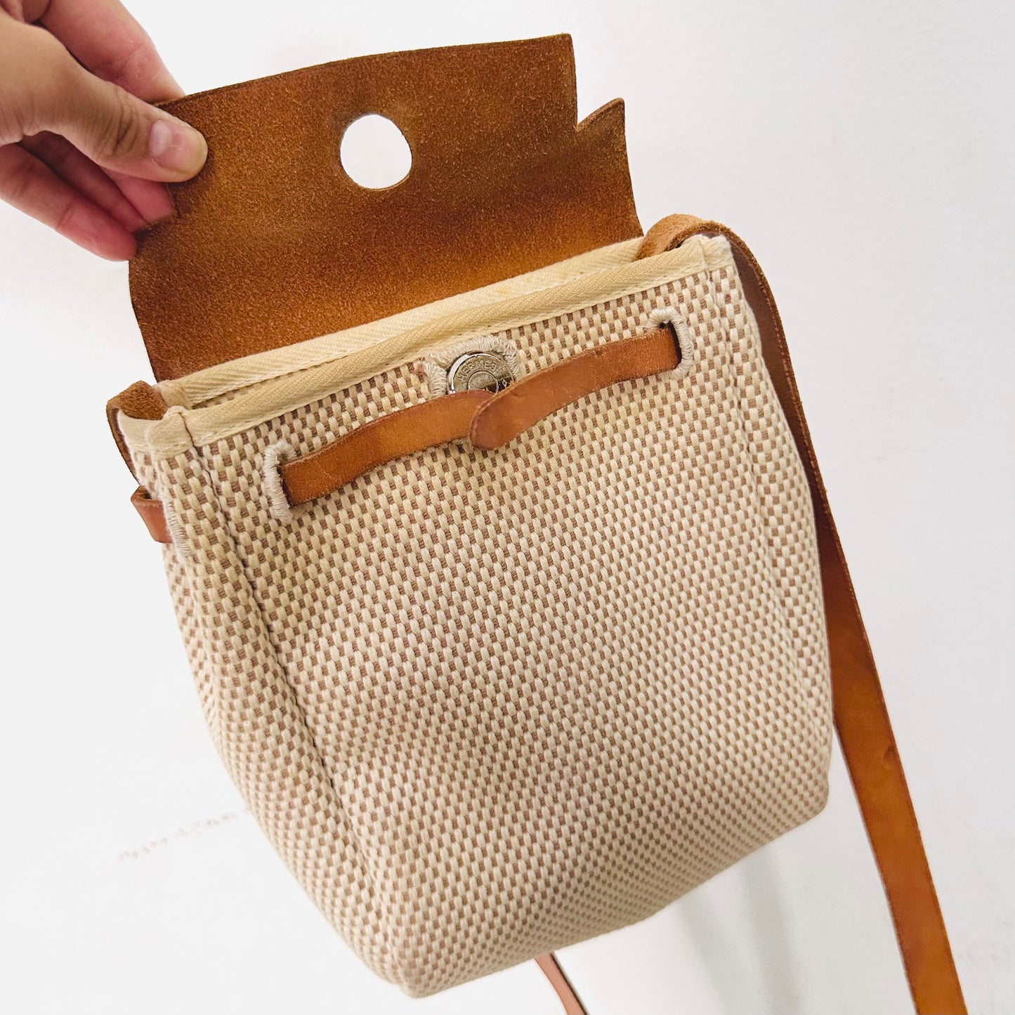 Hermes Beige / Tan Herbag TPM Toile / Leather Mini Flap Shoulder Sling Bag