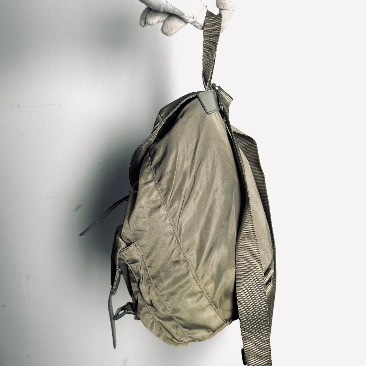 Prada Khaki Classic Logo Nylon & Leather Backpack Drawstring Bag