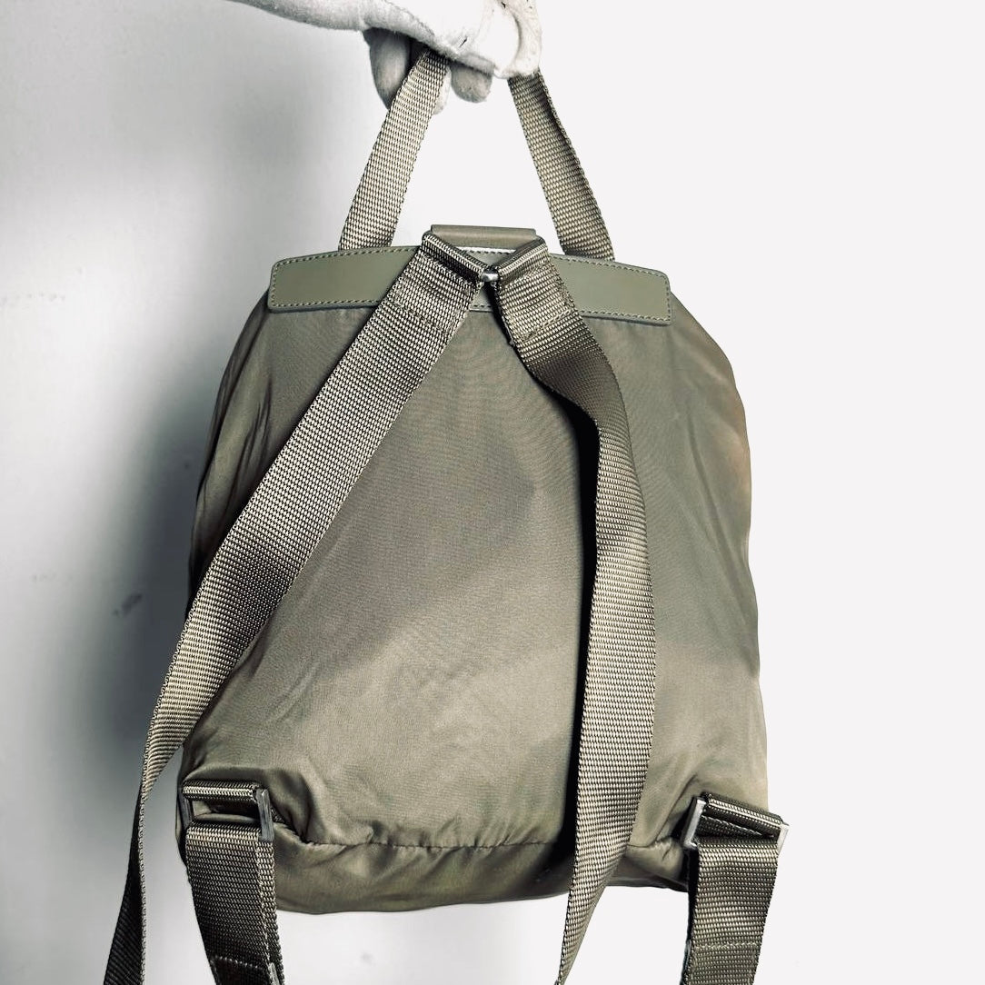 Prada Khaki Classic Logo Nylon & Leather Backpack Drawstring Bag