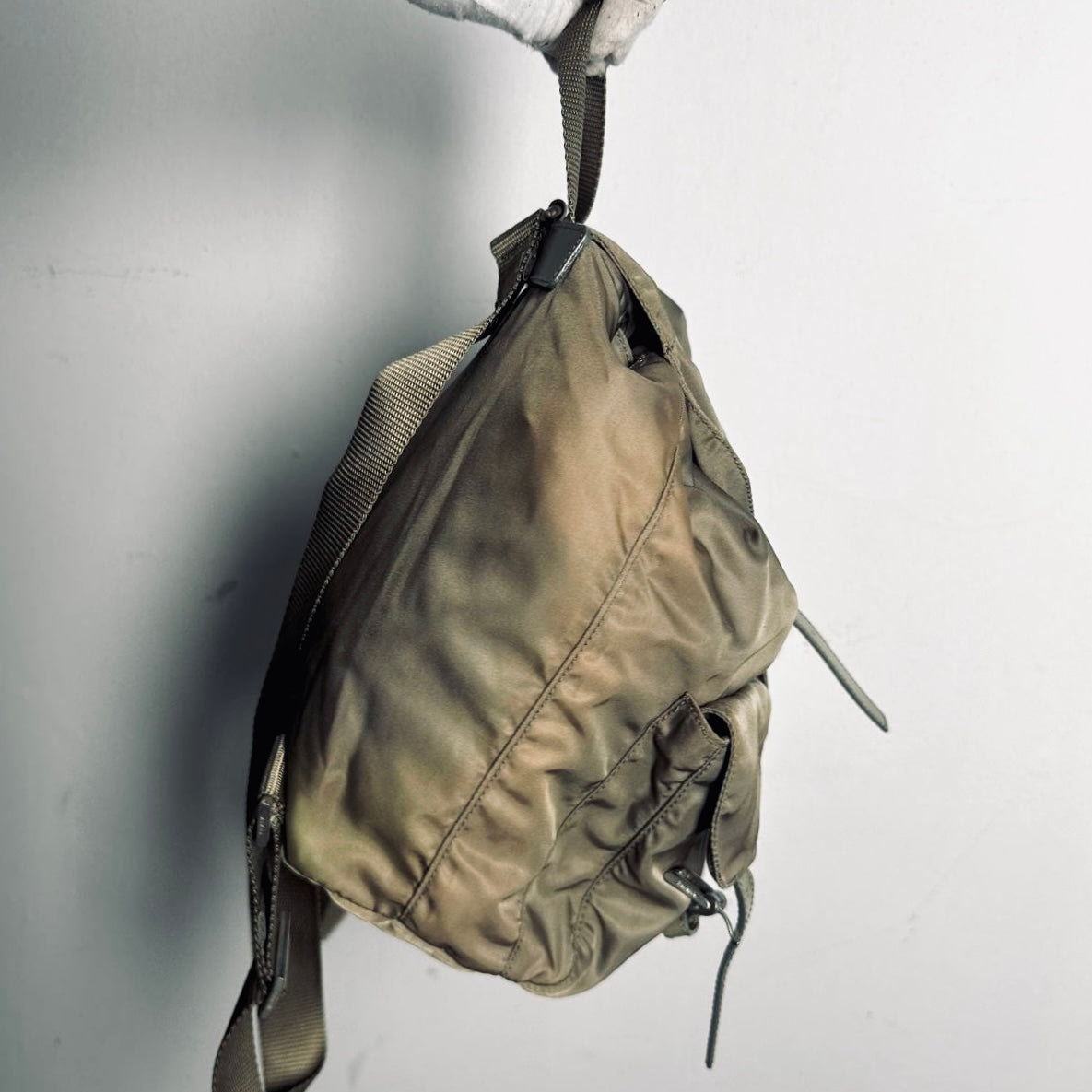 Prada Khaki Classic Logo Nylon & Leather Backpack Drawstring Bag