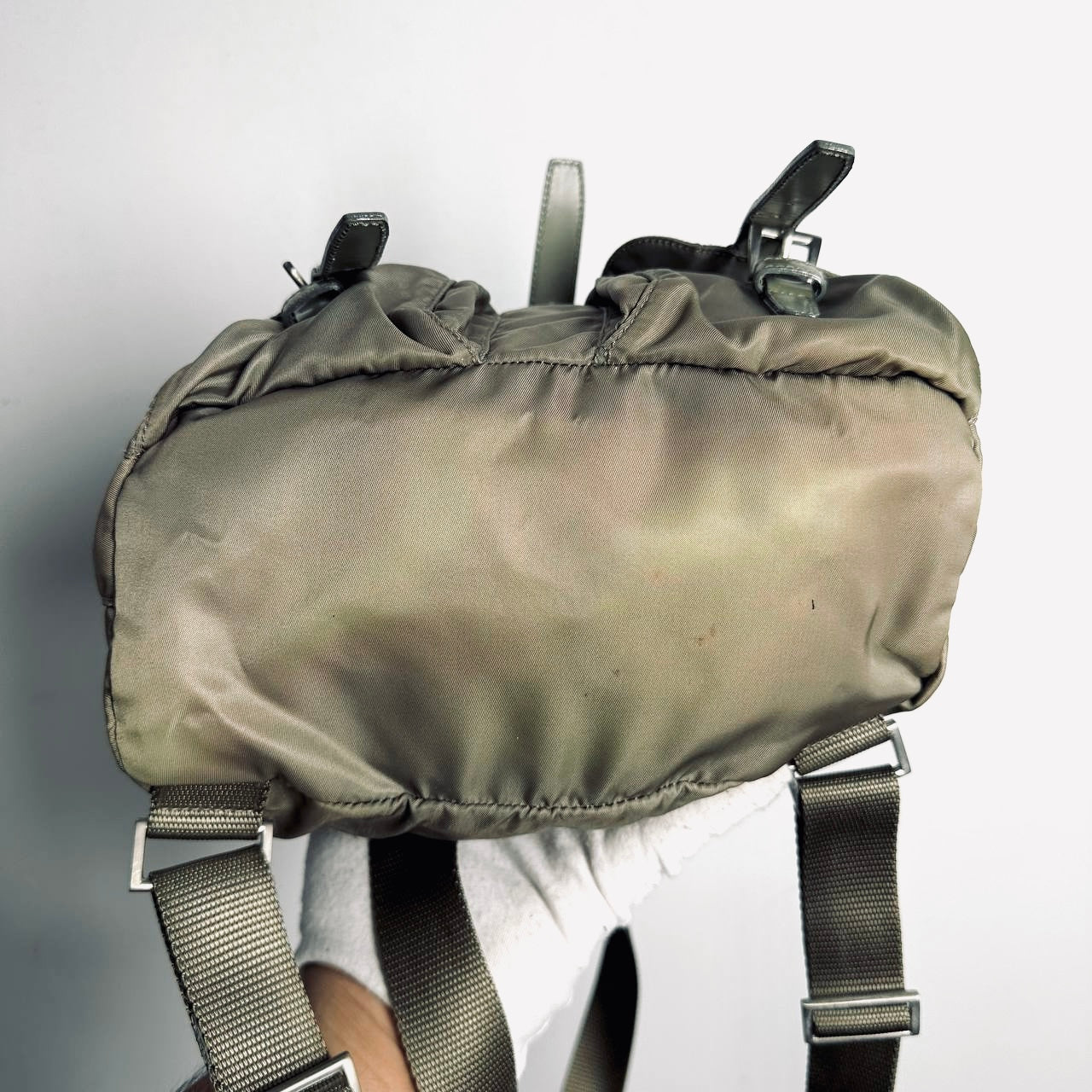 Prada Khaki Classic Logo Nylon & Leather Backpack Drawstring Bag