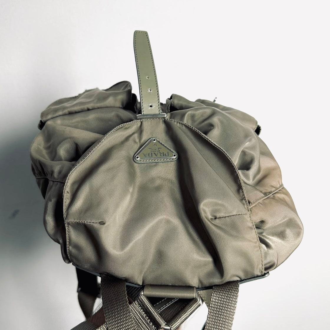 Prada Khaki Classic Logo Nylon & Leather Backpack Drawstring Bag