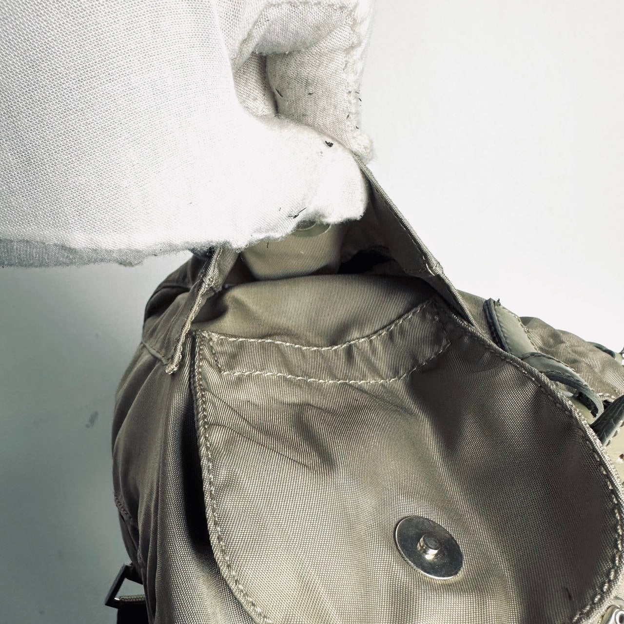 Prada Khaki Classic Logo Nylon & Leather Backpack Drawstring Bag