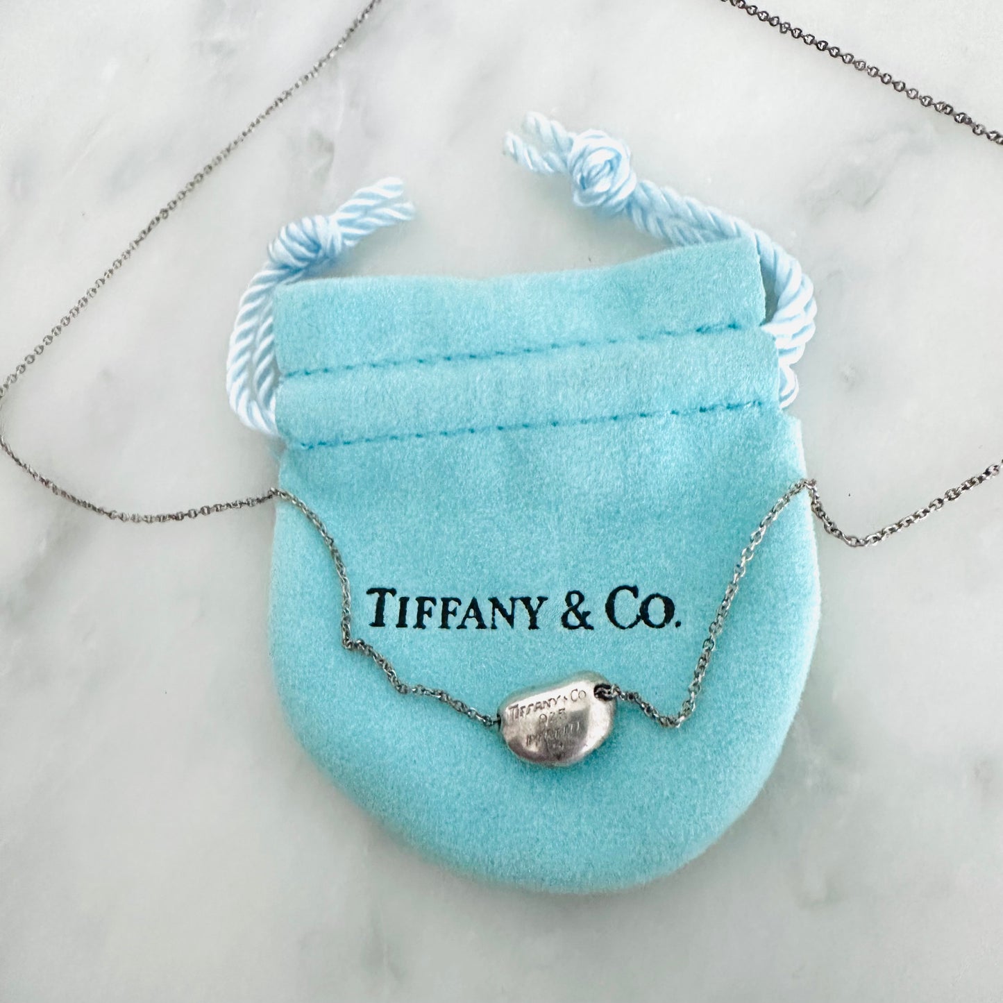 Tiffany & Co T&C Small Bean Pendant Classic 925 Sterling Silver Chain Necklace