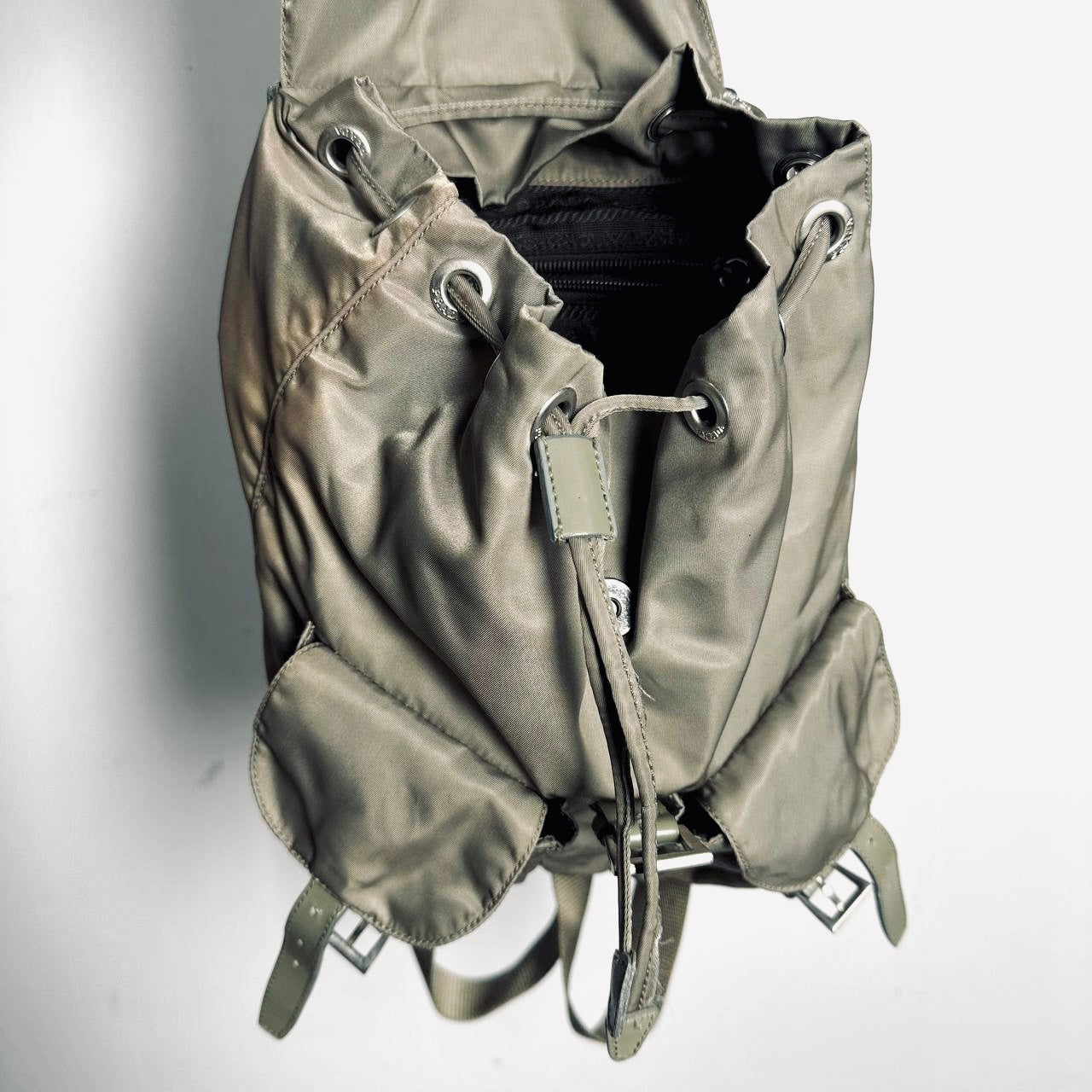 Prada Khaki Classic Logo Nylon & Leather Backpack Drawstring Bag