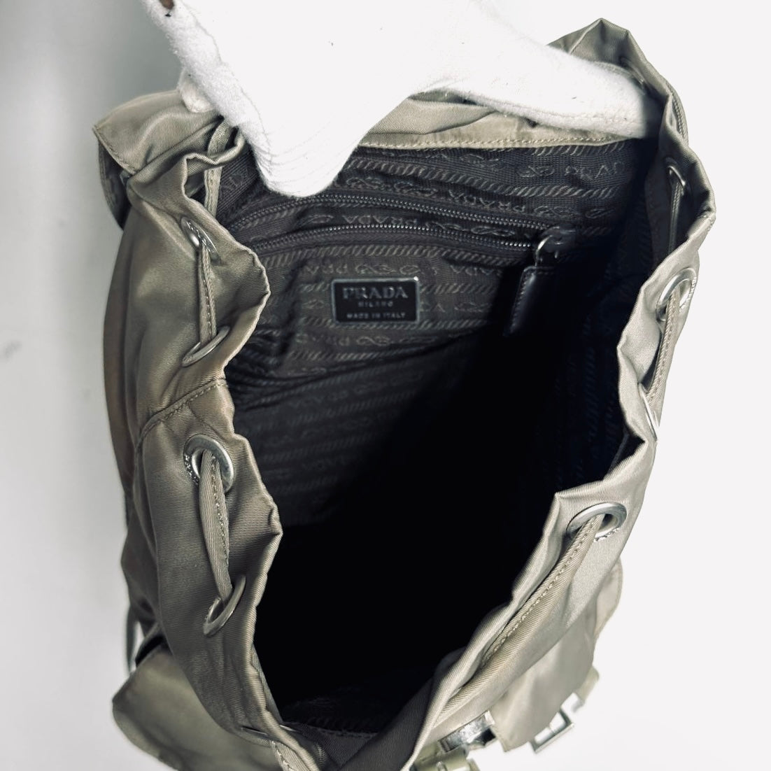 Prada Khaki Classic Logo Nylon & Leather Backpack Drawstring Bag