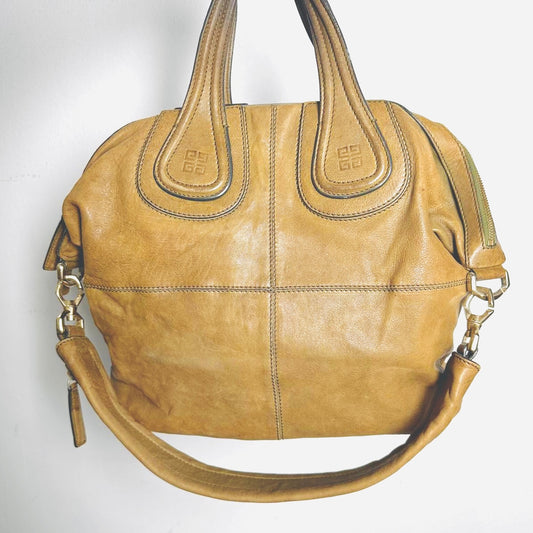 Givenchy Nightingale Caramel Brown GHW Leather Monogram Logo 2-Way Shoulder Sling Top Handle Tote Bag