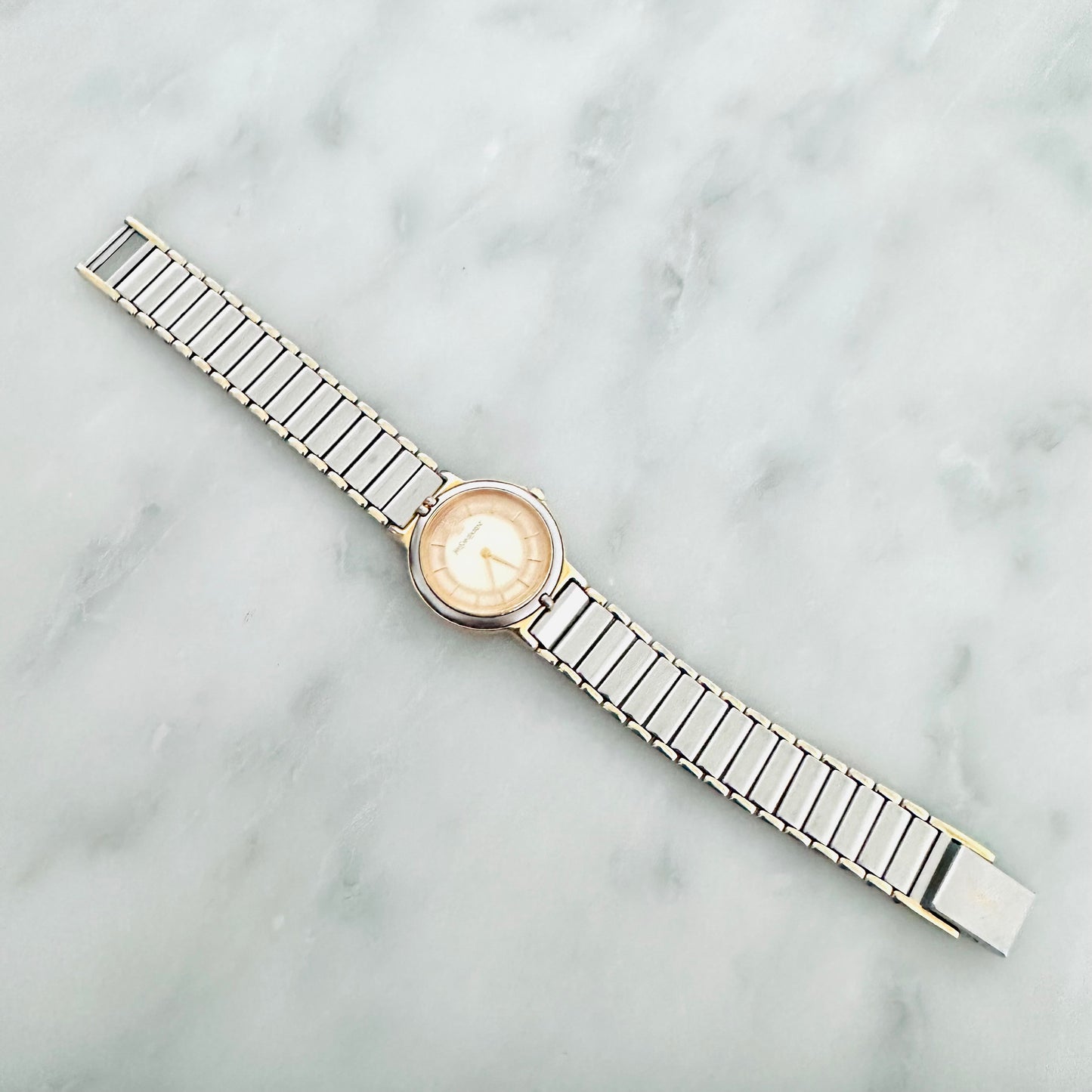 YSL Yves Saint Laurent Gold & Stainless Steel Round Monogram Logo Two Tone 23mm Quartz Watch