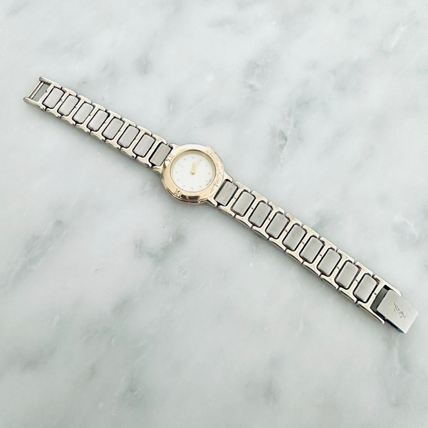 YSL Yves Saint Laurent White Dial Gold & Stainless Steel Round Two Tone Monogram Logo 24mm Quartz Watch