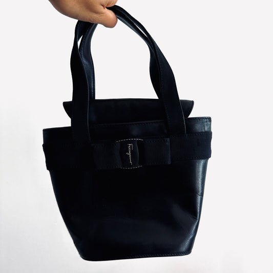 Salvatore Ferragamo Vara Bow Black Monogram Logo Smooth Leather Bucket Top Handle Bag