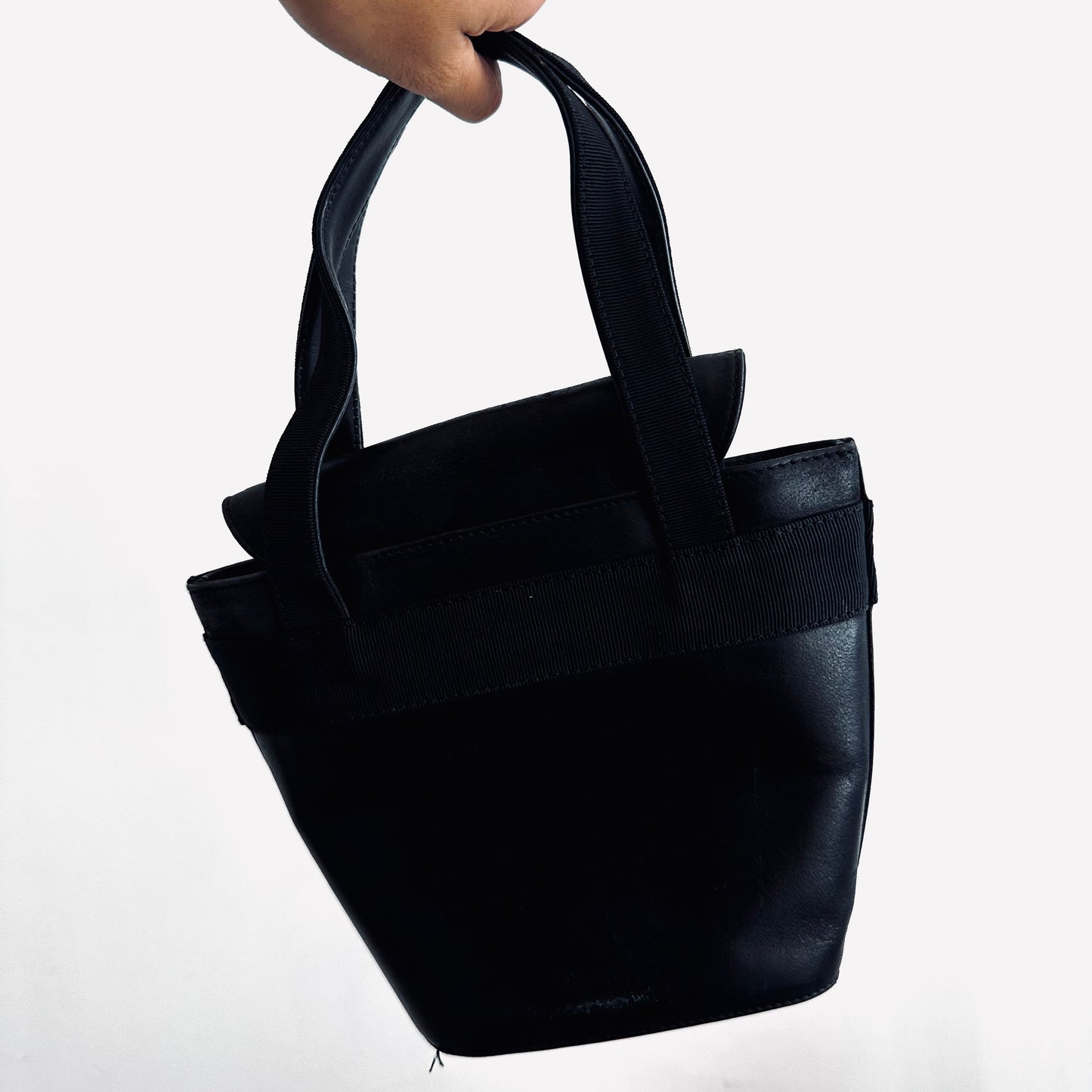 Salvatore Ferragamo Vara Bow Black Monogram Logo Smooth Leather Bucket Top Handle Bag