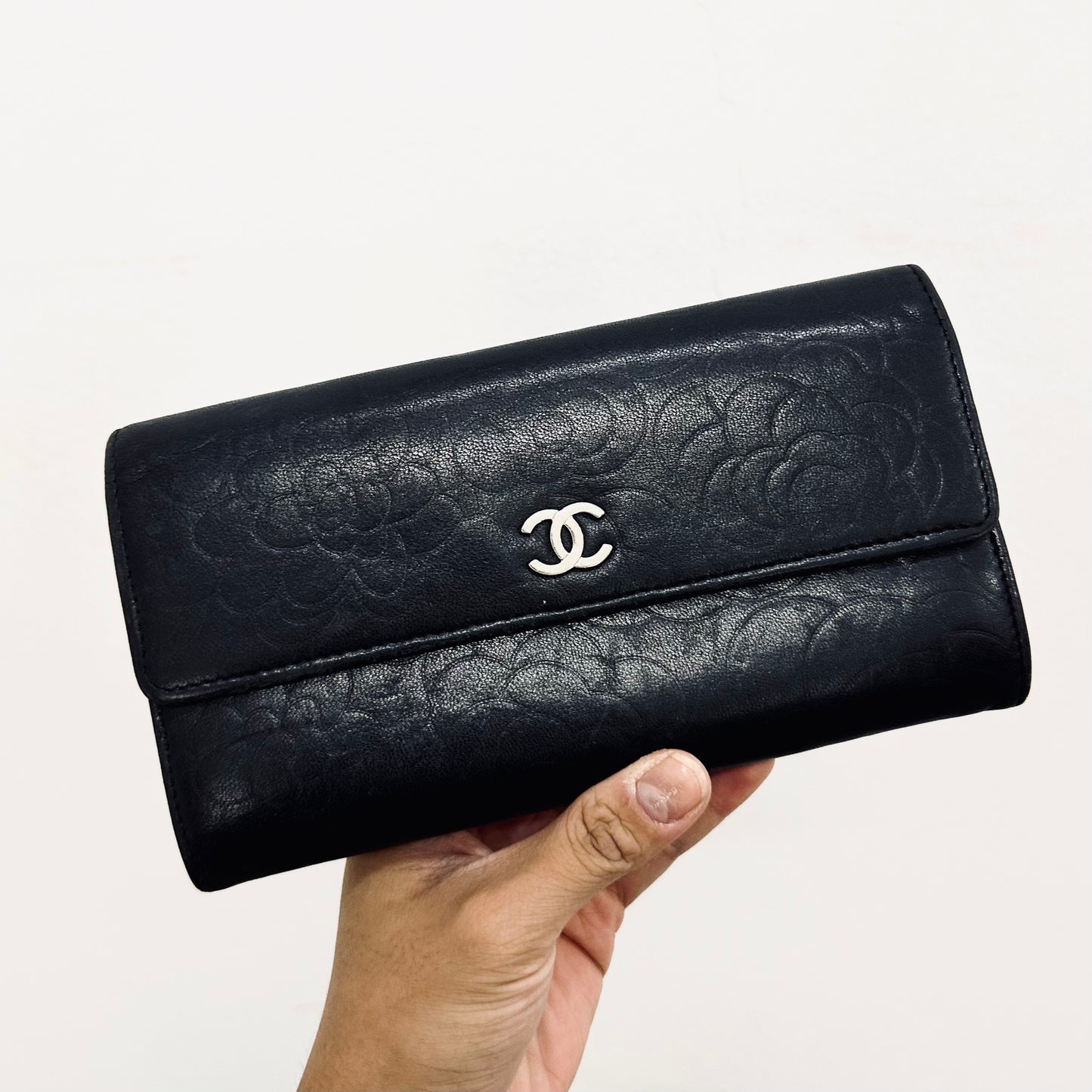 Chanel Black Camellia CC Logo Lambskin Leather Flap Long Wallet