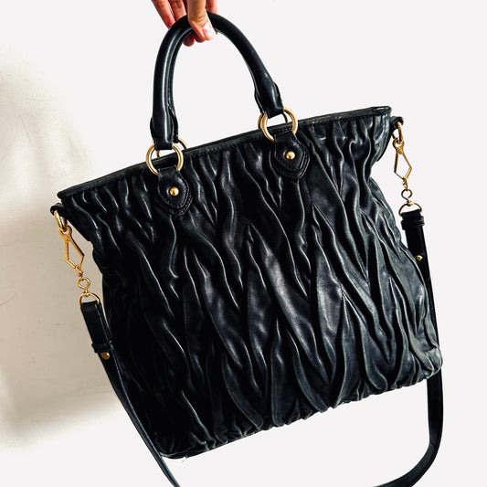 Miu Miu Black GHW Gaufre Matelasse Lux Gathered Leather Classic Logo 2-Way Bauletto Shopper Shoulder Sling Tote Bag