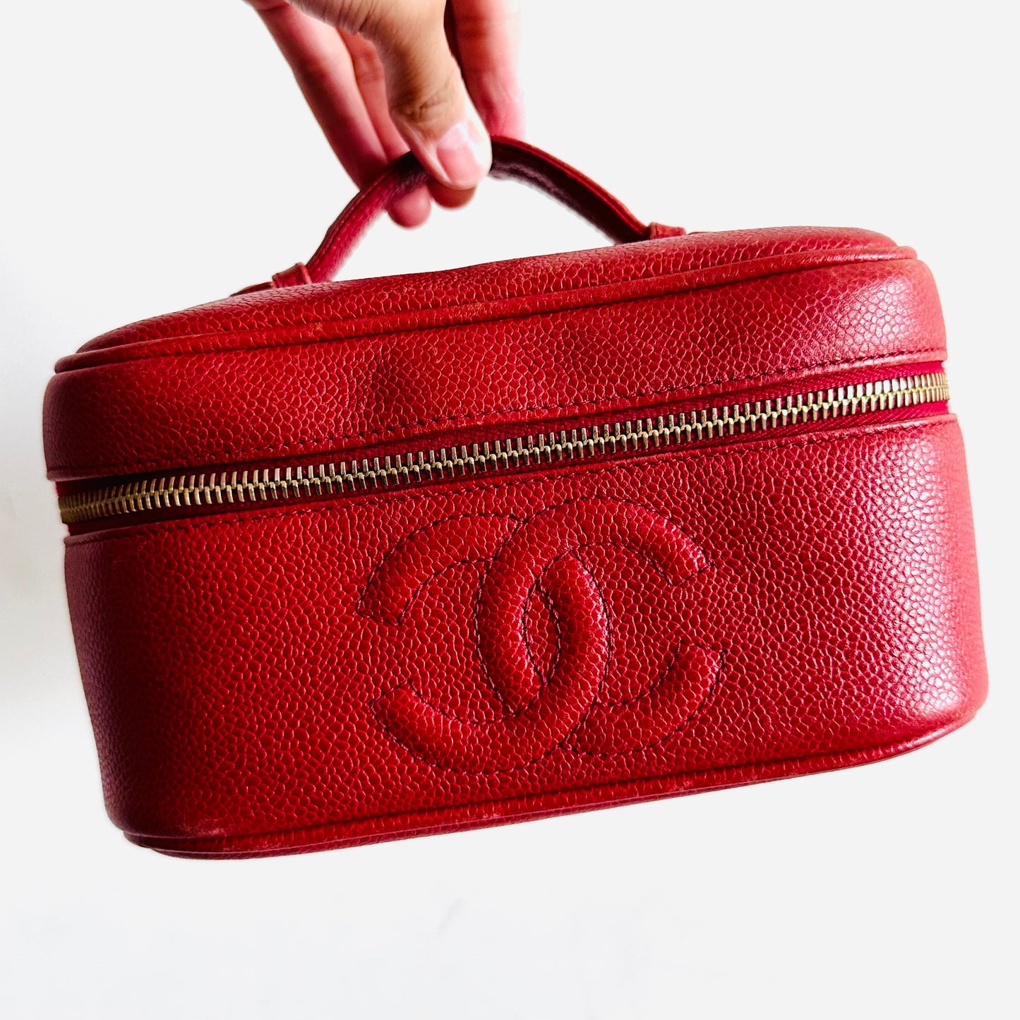 Chanel Cherry Red GHW Caviar Giant CC Logo Wide Horizontal Vanity Case Vintage Top Handle Bag 3s
