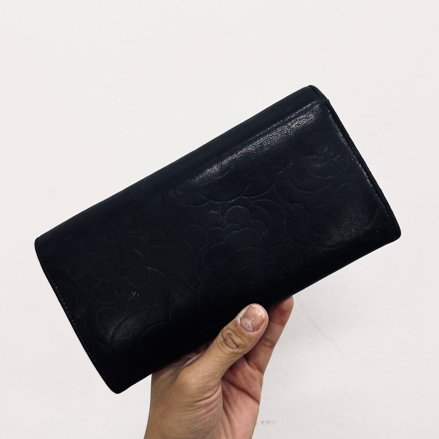 Chanel Black Camellia CC Logo Lambskin Leather Flap Long Wallet