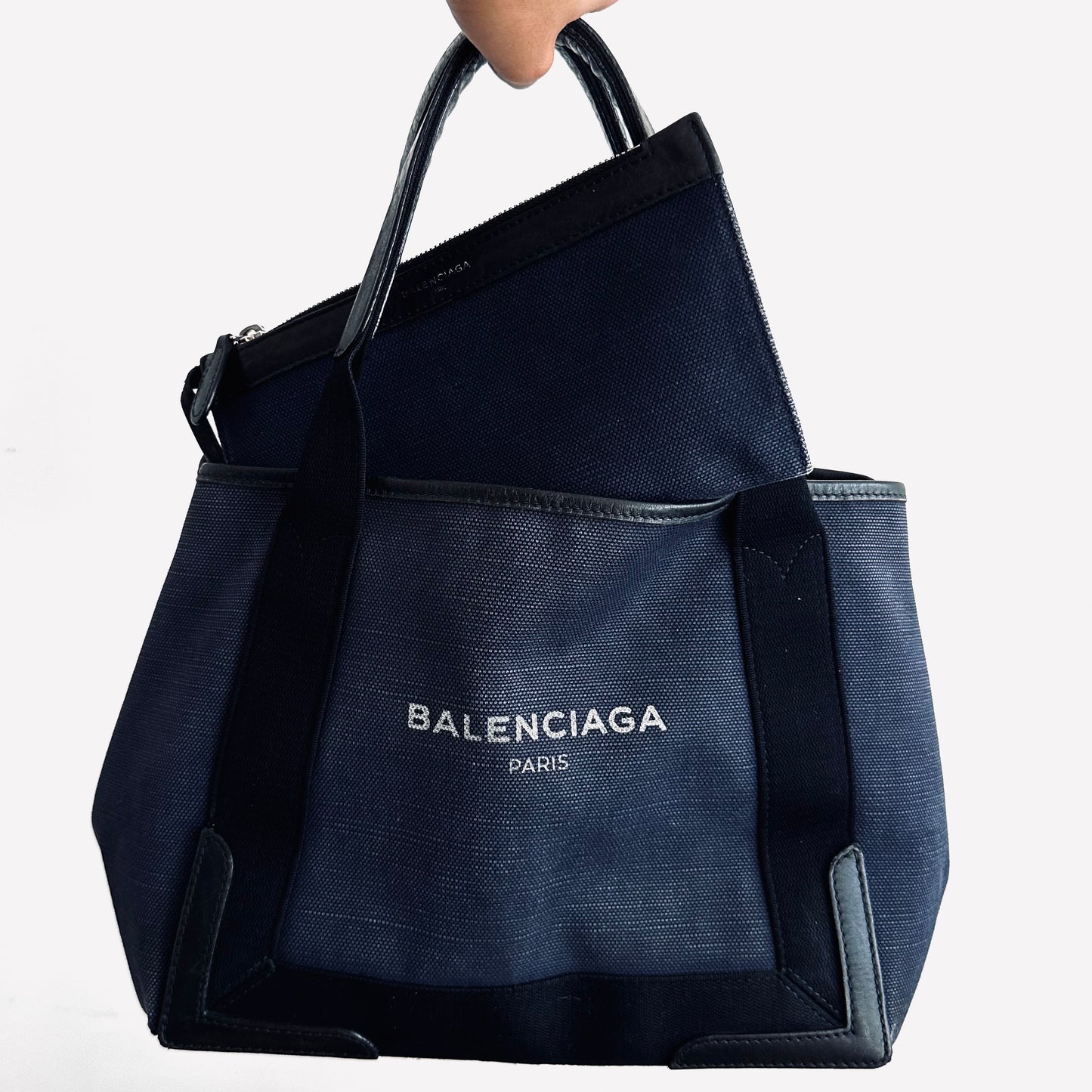 Balenciaga Cabas Navy Blue Denim Monogram Logo Small Shoulder Tote Bag With Pouch