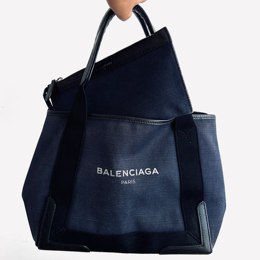 Balenciaga Cabas Navy Blue Denim Monogram Logo Small Shoulder Tote Bag With Pouch