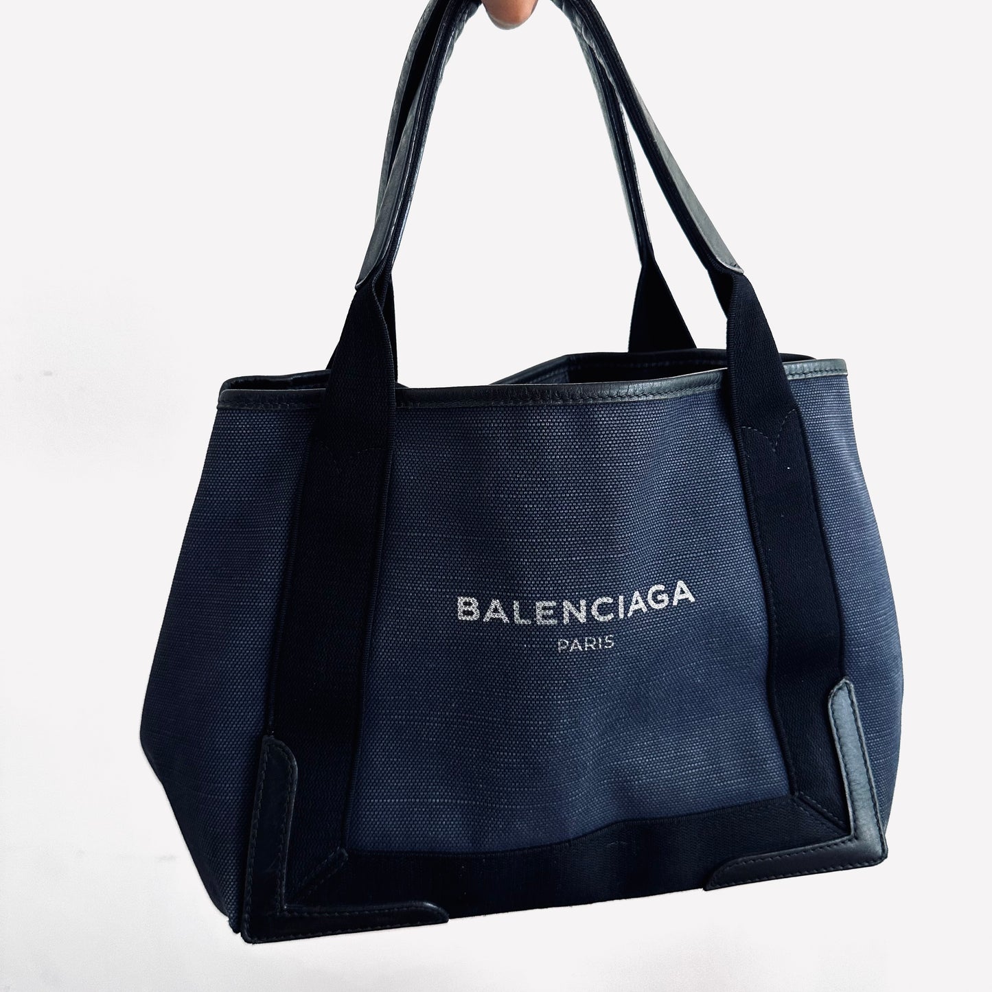 Balenciaga Cabas Navy Blue Denim Monogram Logo Small Shoulder Tote Bag With Pouch