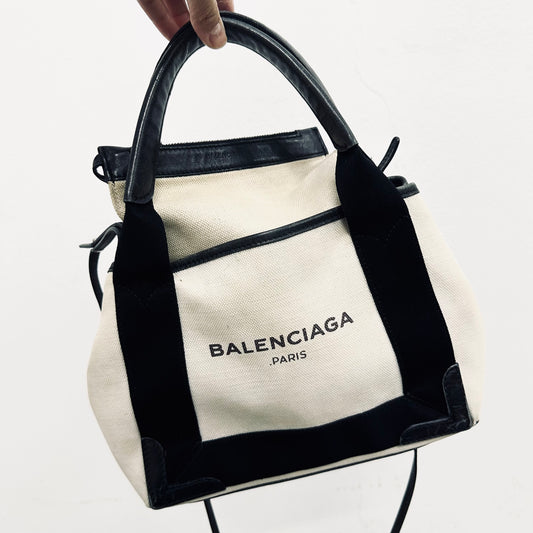 Balenciaga Cabas XS Black / White Monogram Logo 2-Way Structured Shoulder Sling Tote Bag With Pouch