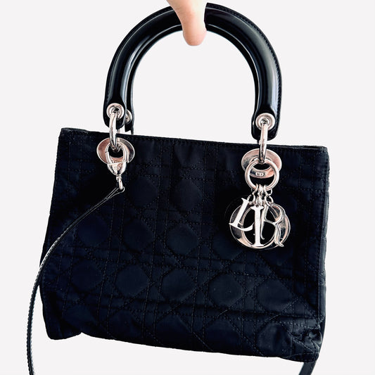 Christian Dior CD Medium Lady Dior 2-Way Black Cannage Quilted Fabric Top Handle Shopper Shoulder Sling Tote Bag