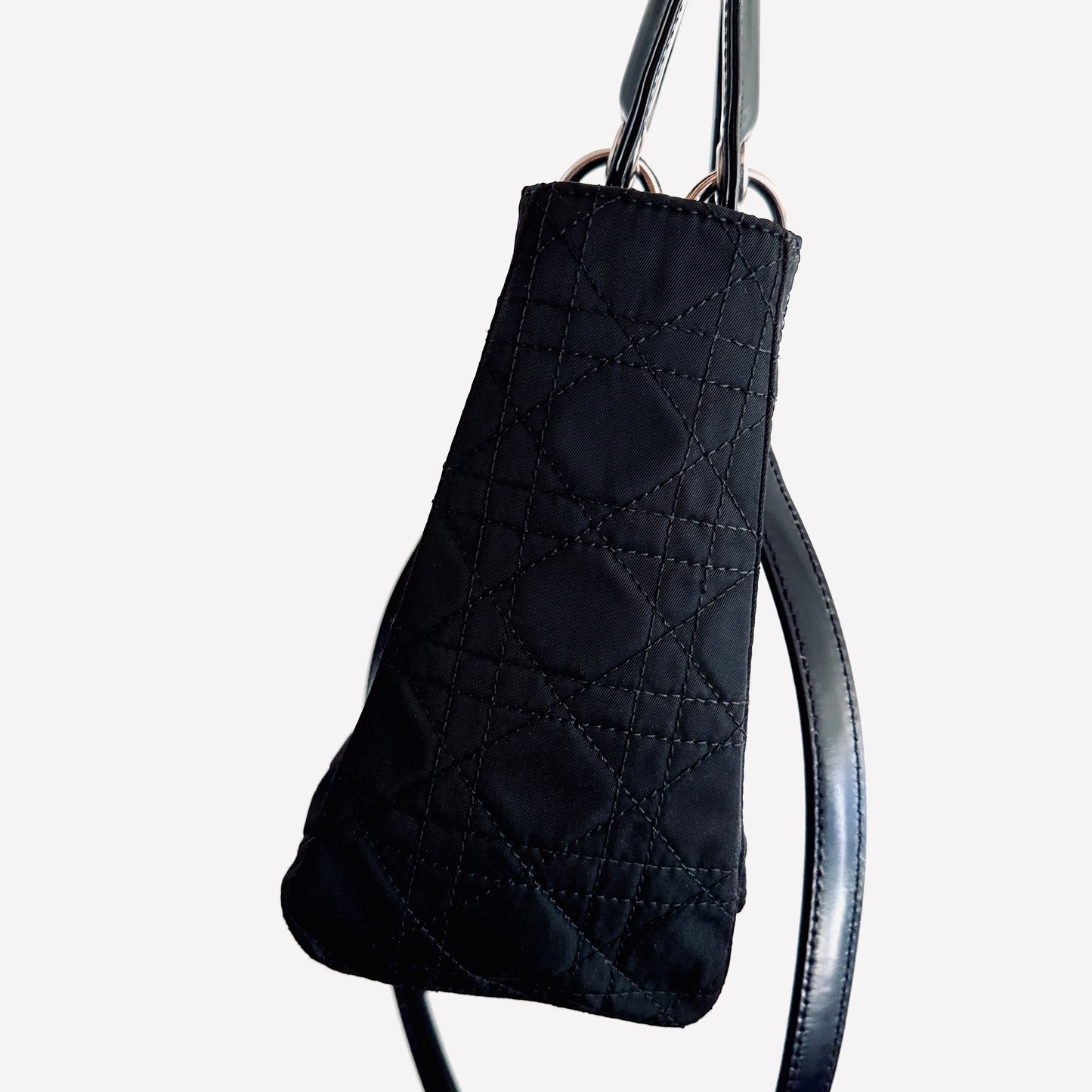 Christian Dior CD Medium Lady Dior 2-Way Black Cannage Quilted Fabric Top Handle Shopper Shoulder Sling Tote Bag