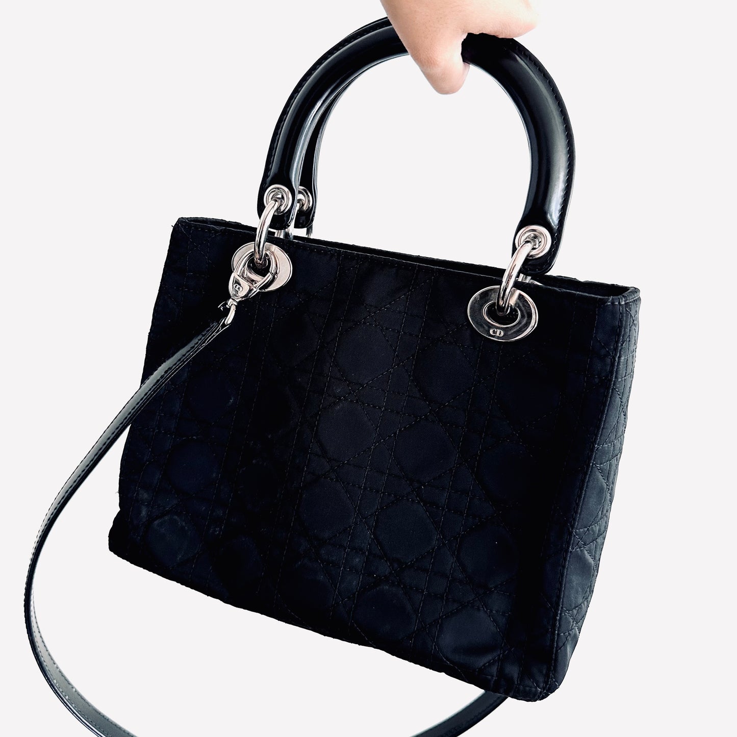 Christian Dior CD Medium Lady Dior 2-Way Black Cannage Quilted Fabric Top Handle Shopper Shoulder Sling Tote Bag