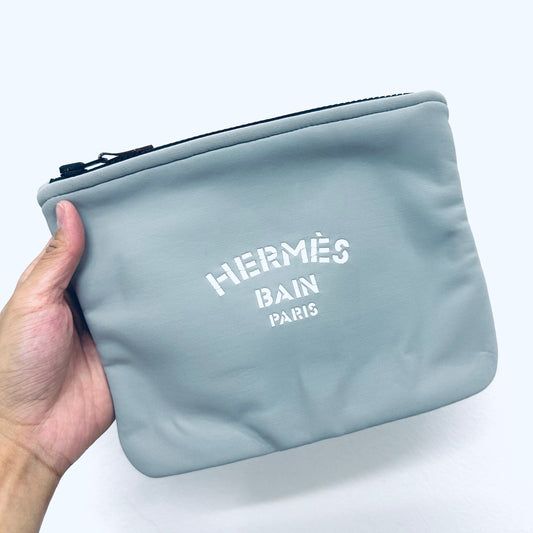 Hermes Glacier Grey / Gray Blue Neo Bain Neobain Monogram Logo Medium MM Neoprene Clutch Pouch Case