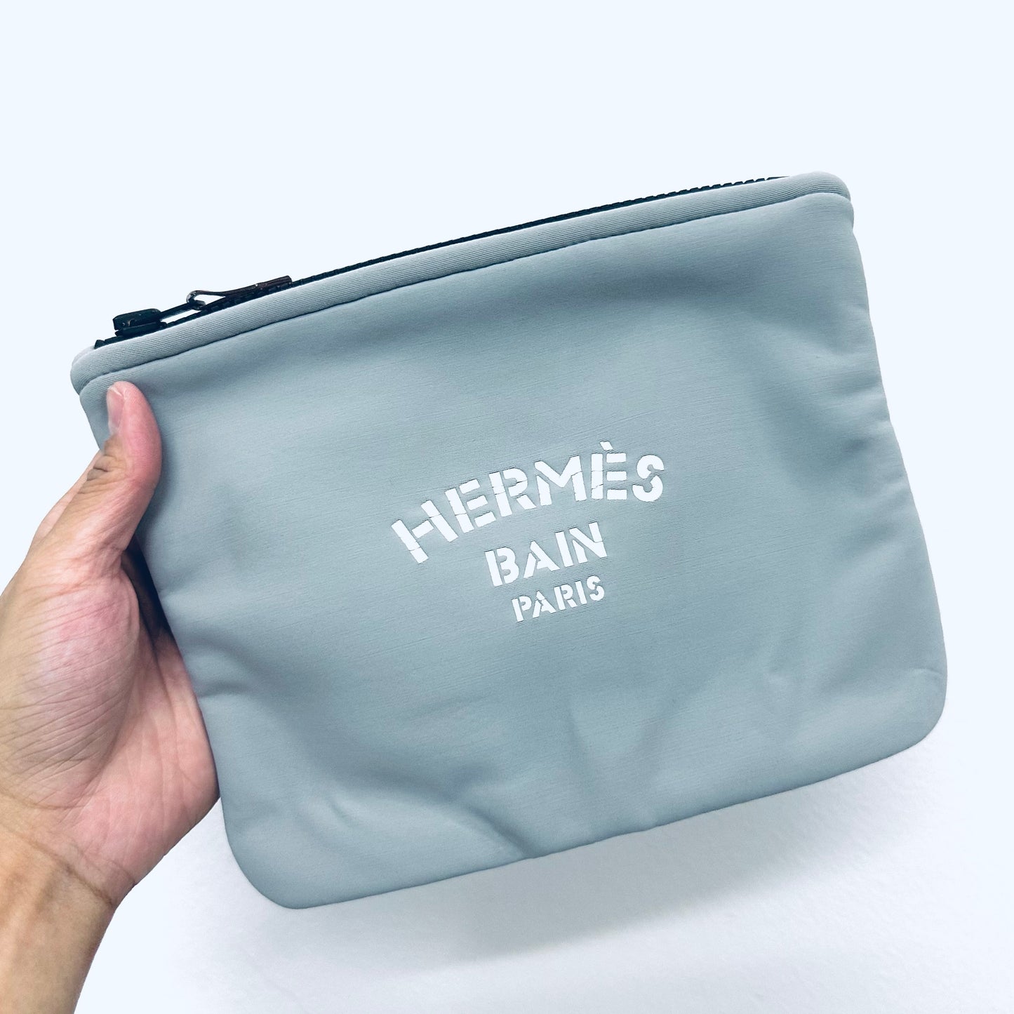 Hermes Glacier Grey / Gray Blue Neo Bain Neobain Monogram Logo Medium MM Neoprene Clutch Pouch Case