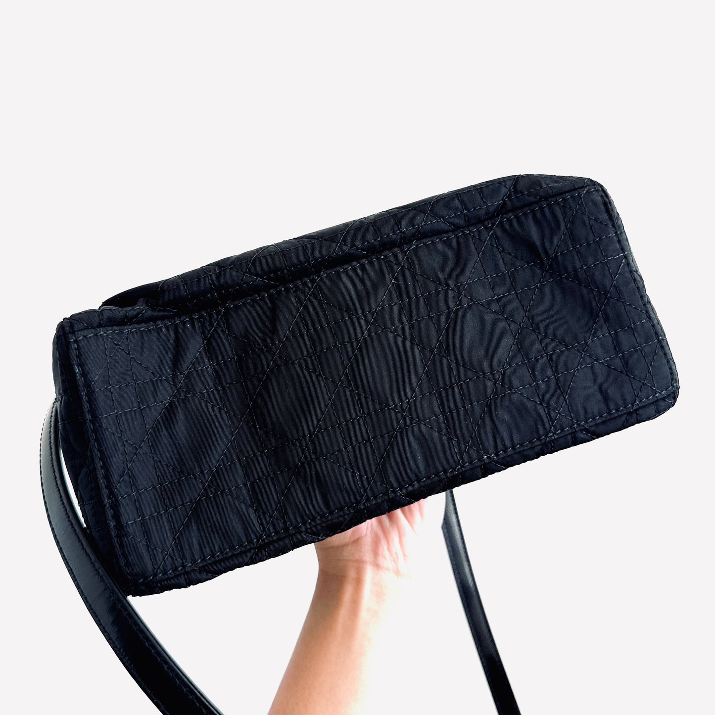 Christian Dior CD Medium Lady Dior 2-Way Black Cannage Quilted Fabric Top Handle Shopper Shoulder Sling Tote Bag
